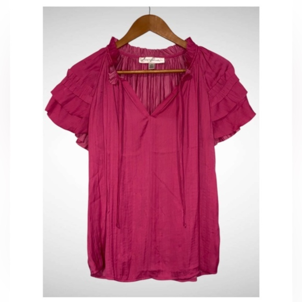 Catherine Malandrino Hot Pink Silky Satin Short Ruffle Sleeve Tie Neck Blouse L